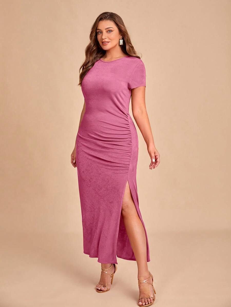 SHEIN Belle Plus Solid Ruched Split Thigh Bridesmaid Dress - Dusty Pink - View 1