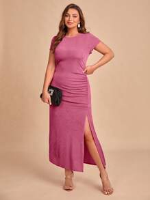 SHEIN Belle Plus Solid Ruched Split Thigh Bridesmaid Dress - Dusty Pink - View 2