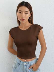 SHEIN Qutie 後背繫帶蝙蝠袖短款T恤 - 咖啡棕 - 查看 2