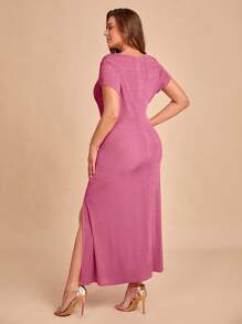 SHEIN Belle Plus Solid Ruched Split Thigh Bridesmaid Dress - Dusty Pink - View 3