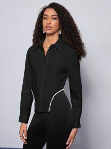 BizChic Bông Ngọc trai đính cườm Viền không đối xứng Áo sơ mi Trang phục làm việc - màu đen - Xem 1