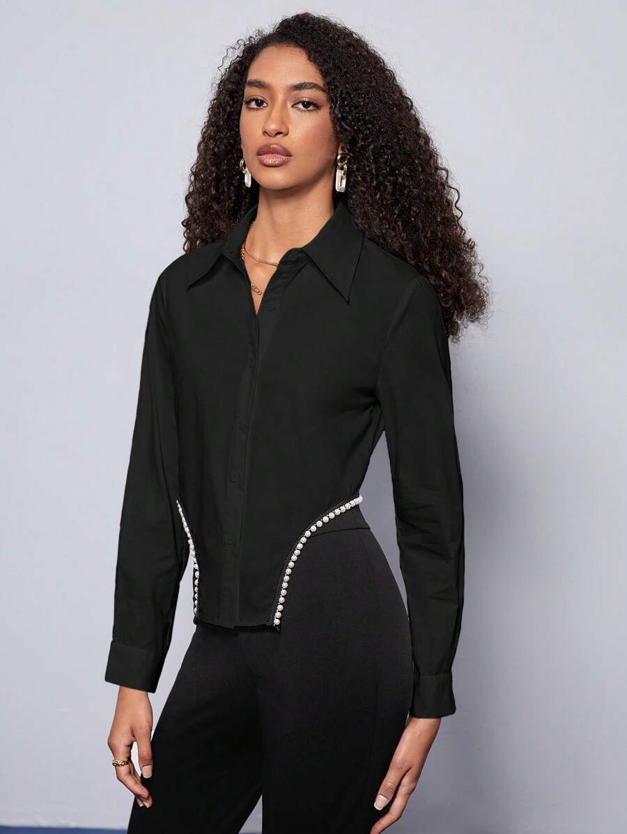 BizChic Bông Ngọc trai đính cườm Viền không đối xứng Áo sơ mi Trang phục làm việc - màu đen - Xem 1
