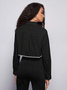 BizChic Bông Ngọc trai đính cườm Viền không đối xứng Áo sơ mi Trang phục làm việc - màu đen - Xem 2