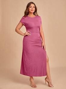 SHEIN Belle Plus Solid Ruched Split Thigh Bridesmaid Dress - Dusty Pink - View 4