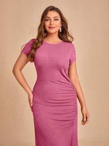 SHEIN Belle Plus Solid Ruched Split Thigh Bridesmaid Dress - Dusty Pink - View 5