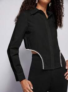 BizChic Bông Ngọc trai đính cườm Viền không đối xứng Áo sơ mi Trang phục làm việc - màu đen - Xem 4