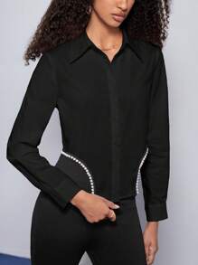 BizChic Bông Ngọc trai đính cườm Viền không đối xứng Áo sơ mi Trang phục làm việc - màu đen - Xem 5