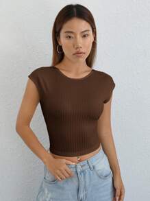 SHEIN Qutie 後背繫帶蝙蝠袖短款T恤 - 咖啡棕 - 查看 7