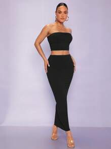 Silquee 素色抹胸上衣&鉛筆裙 - 黑色 - 查看 1