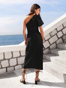 SHEIN VCAY One Shoulder Puff Sleeve Knot Side Split Thigh Dress - Black - View 2
