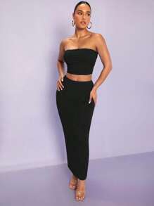 Silquee 素色抹胸上衣&鉛筆裙 - 黑色 - 查看 3