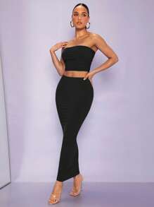 Silquee 素色抹胸上衣&鉛筆裙 - 黑色 - 查看 4