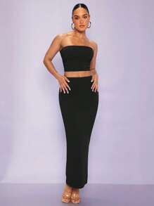 Silquee 素色抹胸上衣&鉛筆裙 - 黑色 - 查看 5