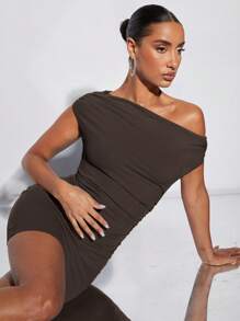 SHEIN BAE Asymmetrical Neck Ruched Bodycon Dress