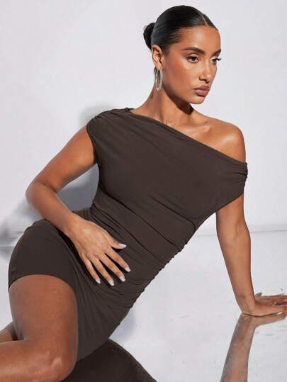 SHEIN BAE Asymmetrical Neck Ruched Bodycon Dress