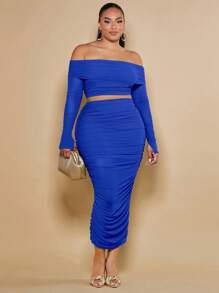 SHEIN BAE 大碼一字肩短款上衣&褶邊鉛筆裙