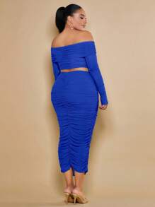 SHEIN BAE 大碼一字肩短款上衣&褶邊鉛筆裙