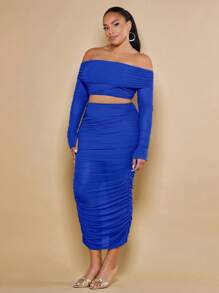 SHEIN BAE 大碼一字肩短款上衣&褶邊鉛筆裙