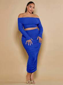 SHEIN BAE 大碼一字肩短款上衣&褶邊鉛筆裙