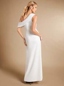 SHEIN Belle Solid Asymmetrical Neck Wrap Hem Wedding Dress Without Veil - White - View 2