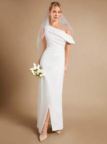 SHEIN Belle Solid Asymmetrical Neck Wrap Hem Wedding Dress Without Veil - White - View 3