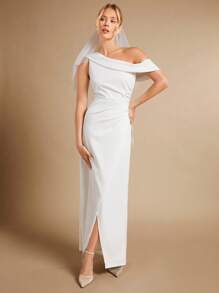 SHEIN Belle Solid Asymmetrical Neck Wrap Hem Wedding Dress Without Veil - White - View 4
