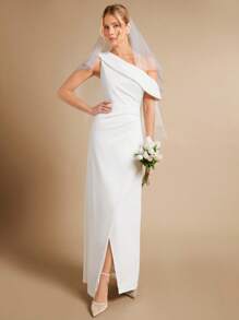 SHEIN Belle Solid Asymmetrical Neck Wrap Hem Wedding Dress Without Veil - White - View 5