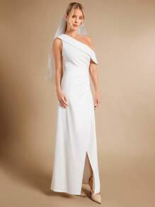 SHEIN Belle Solid Asymmetrical Neck Wrap Hem Wedding Dress Without Veil - White - View 7
