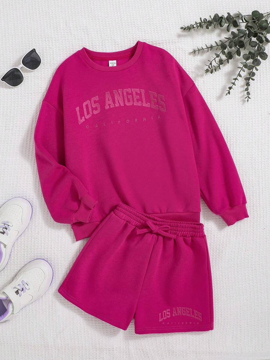 SHEIN Tween Girl Letter Graphic Sweatshirt & Drawstring Waist Shorts - Hot Pink - View 1