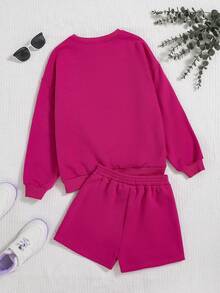 SHEIN Tween Girl Letter Graphic Sweatshirt & Drawstring Waist Shorts - Hot Pink - View 2