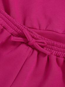 SHEIN Tween Girl Letter Graphic Sweatshirt & Drawstring Waist Shorts - Hot Pink - View 5