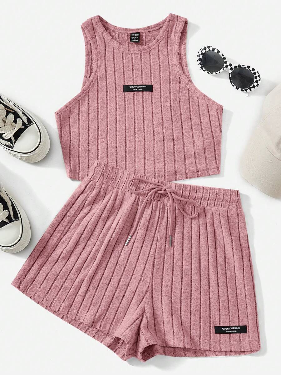 SHEIN EZwear Letter Patched Detail Tank Top & Drawstring Waist Shorts - Dusty Pink - View 1
