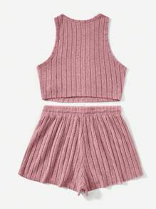 SHEIN EZwear Letter Patched Detail Tank Top & Drawstring Waist Shorts - Dusty Pink - View 2