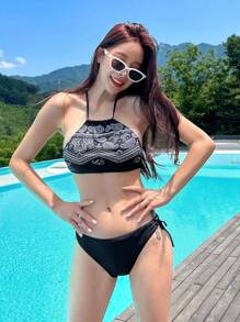 DAZY 佩斯利印花掛脖比基尼泳裝 - 黑色 - 查看 3