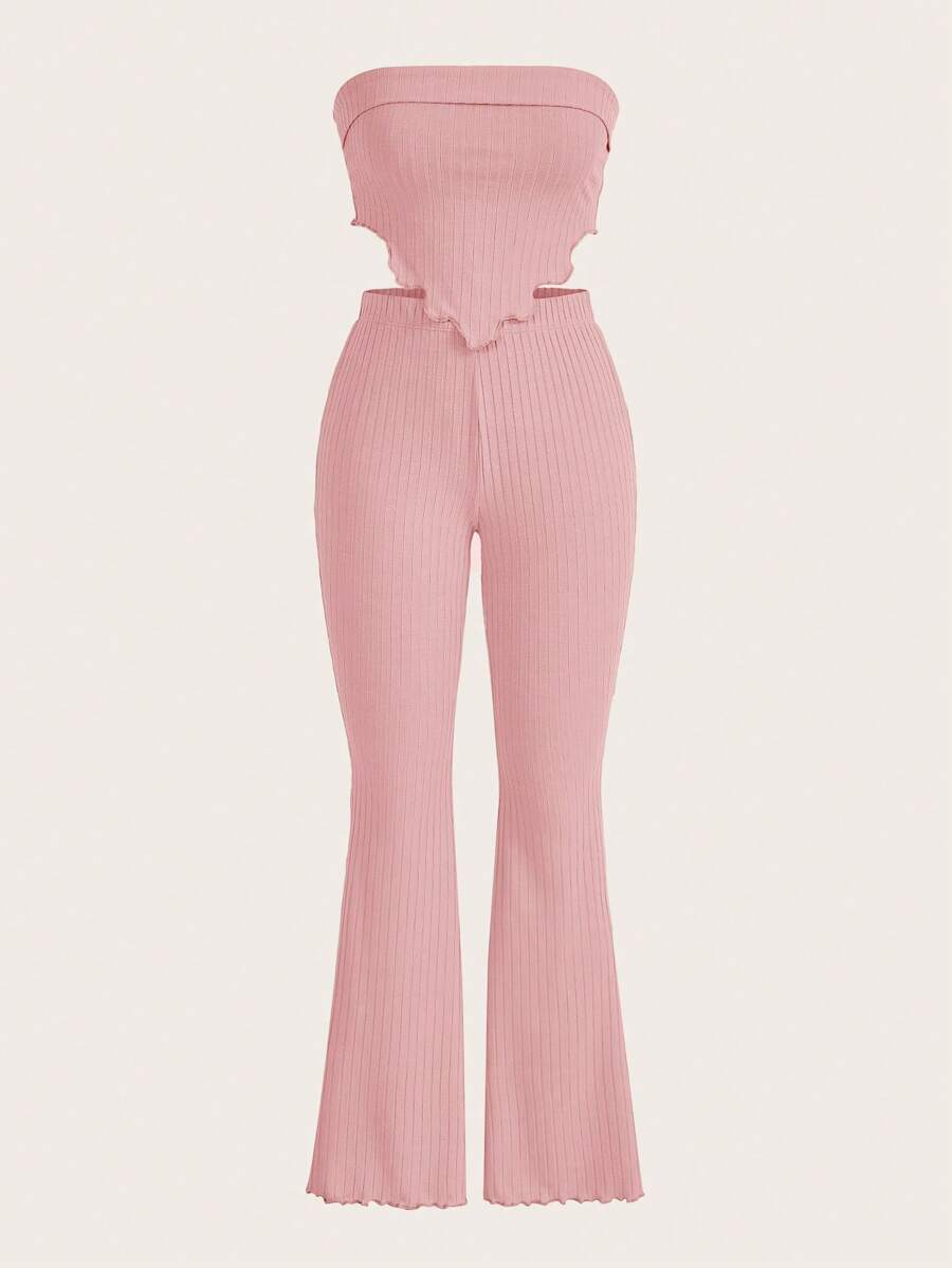SHEIN EZwear 木耳邊頭巾下擺短款抹胸上衣和喇叭褲 - 淺粉色 - 查看 1
