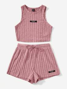 SHEIN EZwear Letter Patched Detail Tank Top & Drawstring Waist Shorts - Dusty Pink - View 5
