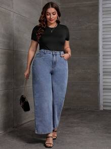 SHEIN Essnce Plus Solid Slim Fit Tee Bodysuit - Black - View 3