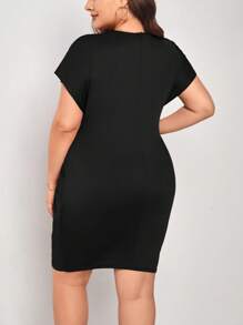 SHEIN LUNE 大碼素色腰帶緊身連衣裙 - 黑色 - 查看 2