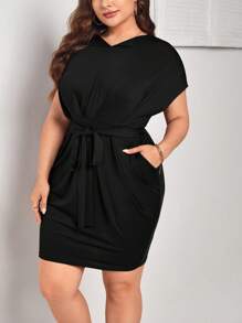 SHEIN LUNE 大碼素色腰帶緊身連衣裙 - 黑色 - 查看 3