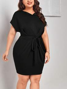 SHEIN LUNE 大碼素色腰帶緊身連衣裙 - 黑色 - 查看 4