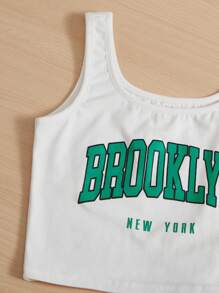 SHEIN Chica Joven Top tank con estampado de letra con pantalones deportivos - Verde - Ver 3