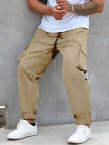 Manfinity Men Plus Flap Pocket Drawstring Waist Cargo Pants - Khaki - View 1