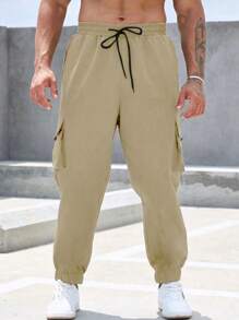 Manfinity Men Plus Flap Pocket Drawstring Waist Cargo Pants - Khaki - View 3