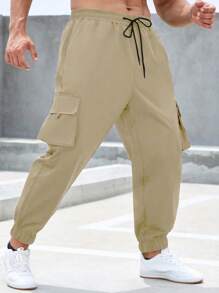 Manfinity Men Plus Flap Pocket Drawstring Waist Cargo Pants - Khaki - View 5