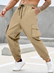 Manfinity Men Plus Flap Pocket Drawstring Waist Cargo Pants - Khaki - View 6