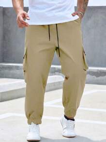 Manfinity Men Plus Flap Pocket Drawstring Waist Cargo Pants - Khaki - View 7