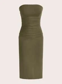 SHEIN EZwear Solid Ruched Tube Bodycon Dress Strapless Dress - Army Green - View 1