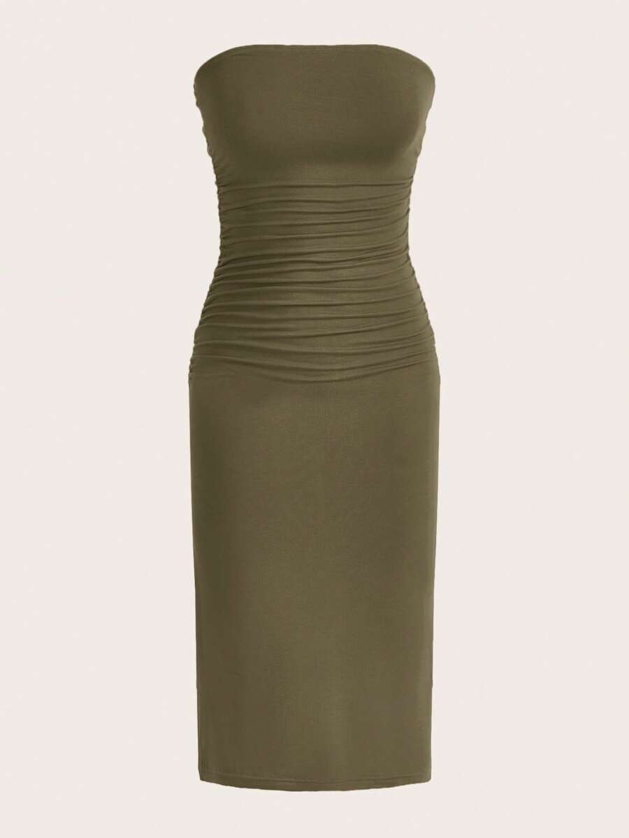 SHEIN EZwear Solid Ruched Tube Bodycon Dress Strapless Dress - Army Green - View 1