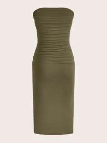 SHEIN EZwear Solid Ruched Tube Bodycon Dress Strapless Dress - Army Green - View 2