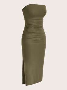 SHEIN EZwear Solid Ruched Tube Bodycon Dress Strapless Dress - Army Green - View 3